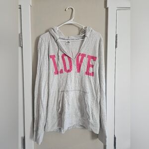Victories Secret PINK VS Gray Hoodie Pink LOVE Graphic V Neck Oversized Sweater